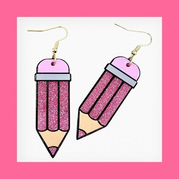 NWT Cute Teacher Student Pink Glittery Pencil Shaped Dangle Earrings - Picture 3 of 5